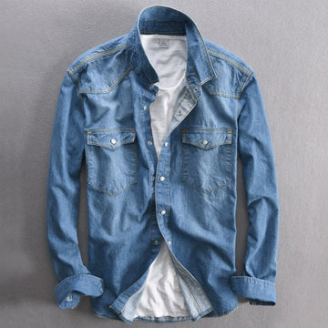 Wiaofellas  -  Men's long-sleeved solid denim shirt fashion brand Classic retro denim Pocket decoration Business shirt Spring and Autumn Tops